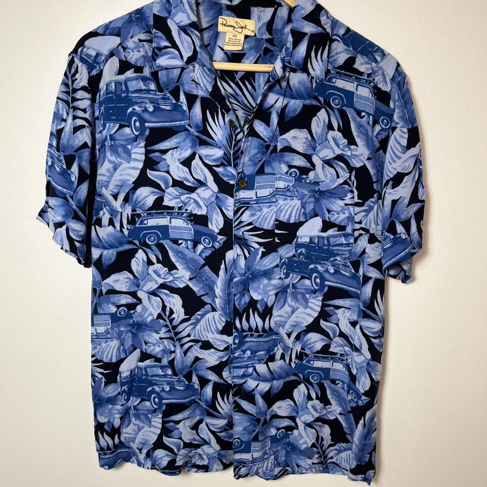 Panama Jack Men Blue Tropical Floral Woody Car Print Rayon Camp Shirt Small